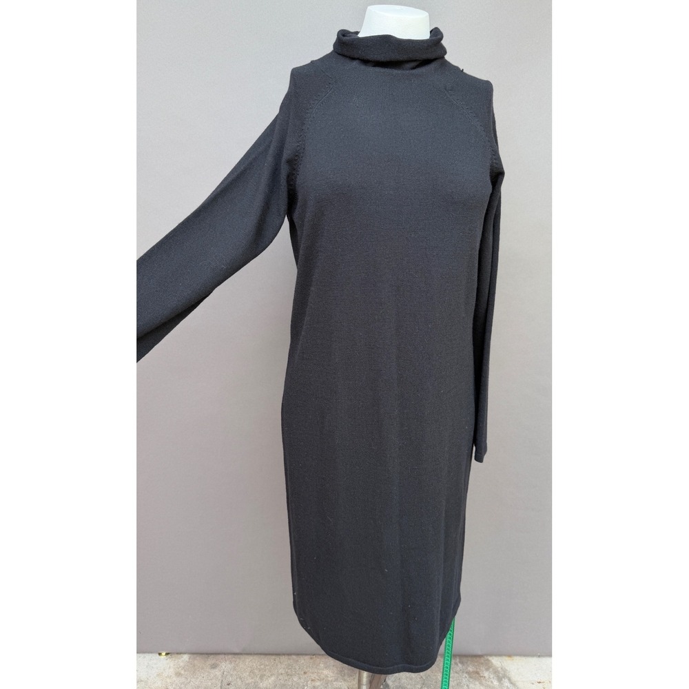 Talbots Sweater Dress L Black Pure Italian Merino Wool Roll Neck‎ Midi Knit NEW